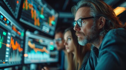 Focused financial analyst examining complex stock market data on computer screens in an office.