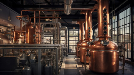 traditional distillery, capturing the essence of copper stills, and a creative perspective showcase the process behind quality spirits