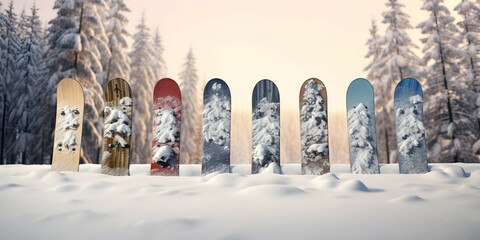 Group of snow boards with different design 