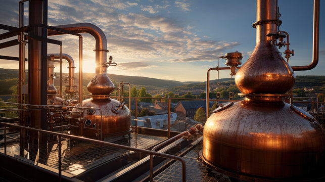 traditional distillery, capturing the essence of copper stills, and a creative perspective showcase the process behind quality spirits