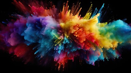 Abstract texture of exploding powder colorful multicolored rainbow color, isolated on black background. - obrazy, fototapety, plakaty
