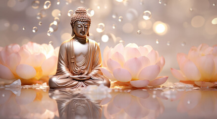 Glowing golden buddha decorated with lotus and colorful flowers