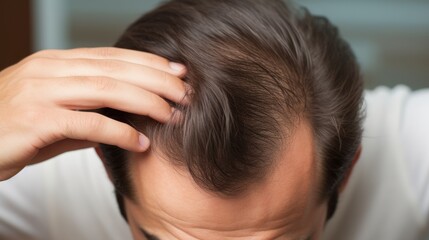 Man Checking Scalp for Hair Loss and Implantation Needs.