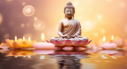 Glowing golden buddha decorated with lotus and colorful flowers - obrazy, fototapety, plakaty