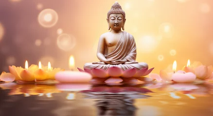 Foto op Canvas Glowing golden buddha decorated with lotus and colorful flowers © Kien
