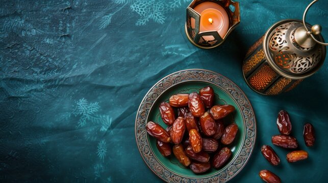Ramadan Kareem Festive, close up of oriental Lantern lamp with dates on plate on emerald cloth background. Islamic Holy Month Greeting Card