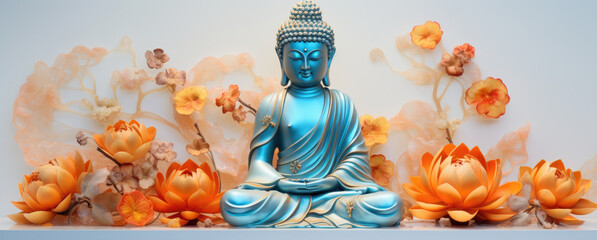 Glowing golden buddha decorated with lotus and colorful flowers - obrazy, fototapety, plakaty