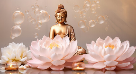 Glowing golden buddha decorated with lotus and colorful flowers
