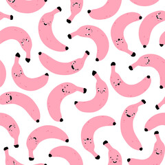 Banana Modern creative seamless pattern. Funny pink characters with happy faces. Vector cartoon illustration in simple hand drawn scandinavian style. Ideal for printing baby products