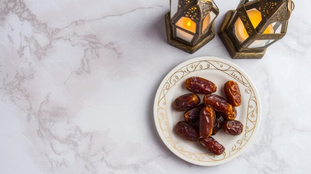 Ramadan Kareem Festive, close up of oriental Lantern lamp with dates on plate on white background. Islamic Holy Month Greeting Card
