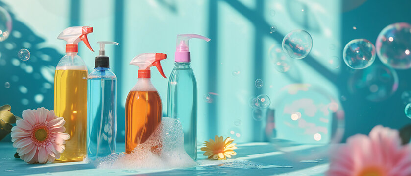 Generic Cleaning Sprays With Soap Bubbles Flying Around, On Pastel Blue Background With Sunlight Shadows. Banner With Copy Space.