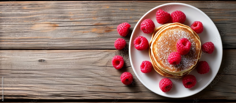 Poster raspberry-topped pancakes on wood table with space for text.