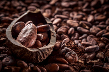 Chocolate cocoa beans and powder in a cocoa shell. Cacao beans and cocoa dust in a natural pod...