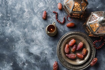 Ramadan Kareem Festive, close up of oriental Lantern lamp with dates on plate on wooden background. Islamic Holy Month Greeting Card