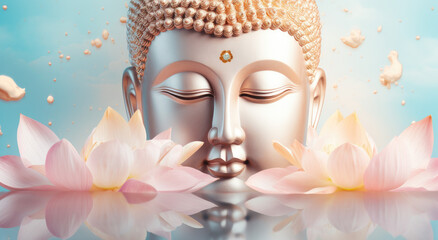 Glowing golden buddha decorated with lotus and colorful flowers