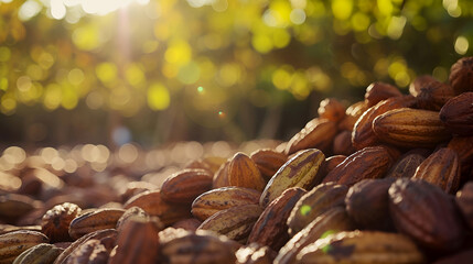 Fototapeta premium Golden sunlight over a rich bounty of cocoa pods. Organic source of caffeine, chocolate butter ingredient. Cocoa plantation in sunlight at golden hour. Warm sunlight on pile of harvested cocoa fruits