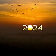 Transition from 2023 to new year 2024 concept with text on sun rising sky. Life is short birds are flying. 