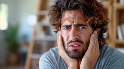 Man Experiencing Severe Toothache Pain Touching Jaw.