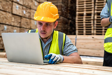 Wood worker man utilizes with laptop on job site, combining technology and expertise in wood warehouse  industry