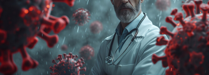 Banner of doctor with new dangerous cells virus diseases. Concept fight against pandemic