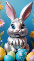 Cute silver Easter Bunny with colorful eggs and flowers on a blue background, easter card, Easter Banner, Easter Wishes