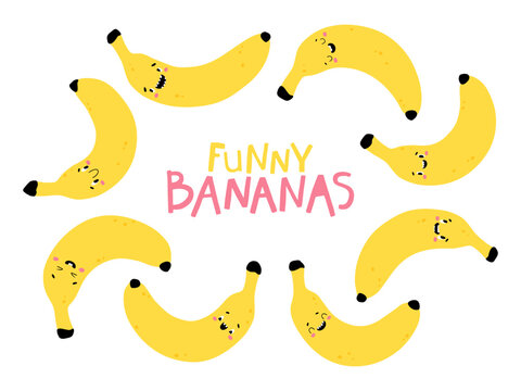 Banana fruit collection. Funny characters with happy faces. Vector cartoon illustration in simple hand-drawn Scandinavian style. Ideal for printing baby products