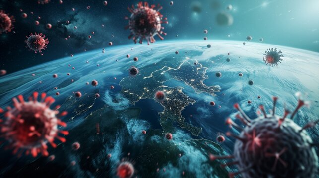Illustration of X virus cells over world map. Concept of pandemic disease