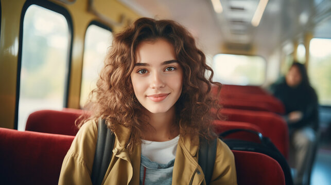 Portrait of a happy young student woman traveling by bus to go to college or work , taking public transport.