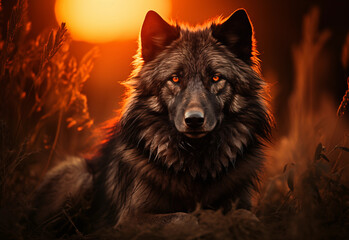 Wolf on background of moon and sunset. Black wild wolf close-up on a forest hill twilight in the rays of the setting sun. Generative AI