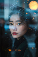 Naklejka premium Asian woman looking through the glass of a coffee shop