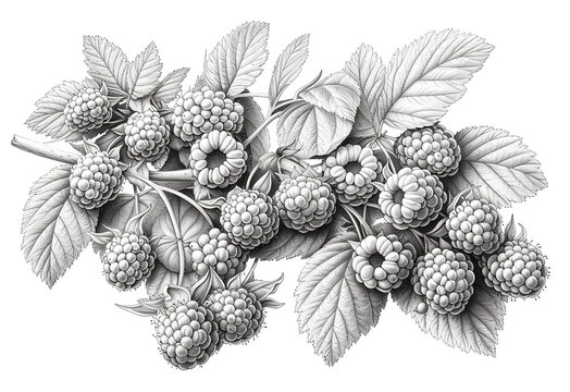 Branch of raspberry berries sketch art. Monochrome black and white hand drawn pencil illustration.