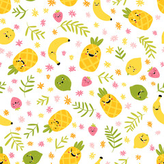 Fruit creative seamless pattern. Funny tropical characters with happy faces in flowers and palm leaves. Vector cartoon in simple hand drawn scandinavian style. Pineapple Lemon Lime Strawberry