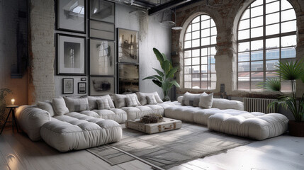 Cozy living room home interior design. Modern light house or apartment room with comfortable sofa, luxury stylish trendy couch and livingroom decor background. Living room furniture store concept .