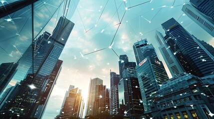 Big modern city city skyscraper downtown, digital interface with line connection.