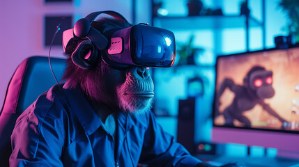 Portrait of a monkey wearing virtual reality glasses and playing video games