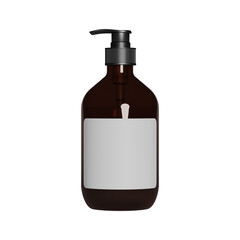 Empty brown glass bottle with pump.without back screen, Dark yellow glass package. Realistic shampoo or soap dispenser. PNG files, suitable for creating mockups and promoting your products.