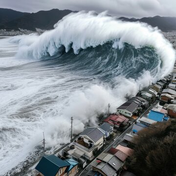 A tsunami with high waves of disaster struck residential areas with concepts of imagination, fiction and fantasy. Good for blogs, websites, disaster management, news etc. Generative Ai