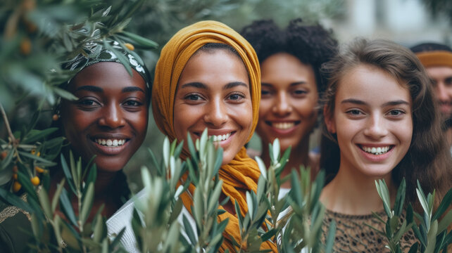 Diverse group holding olive branches, symbolizing global unity and a shared quest for peace