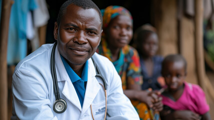 In the heart of crisis, Compassionate doctor providing healthcare in remote areas, emphasising charitable impact.