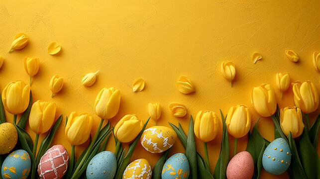 sfondo giallo contornato da uova di pasqua e tulipani , spazio per testo