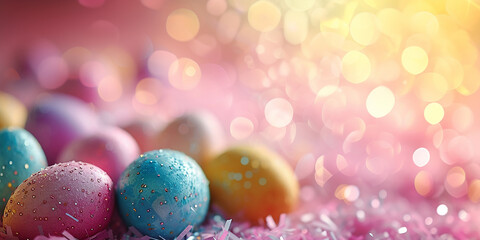 Estroso sfondo pasquale gioioso, luci sullo sfondo della primavera, rosa, turchese, uova colorate, con spazio per l'inserimento di prodotti