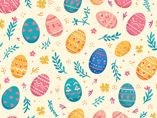pattern pasquale con uova , coniglietti e fiori di Pasqua, ideale come carta da pacchi o carta da parati, sfondo per pasqua - obrazy, fototapety, plakaty