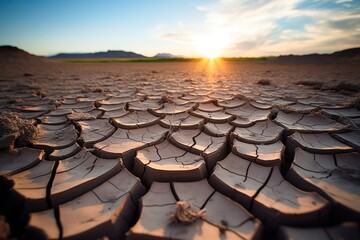 Cracked dry soil texture in desert landscape - obrazy, fototapety, plakaty