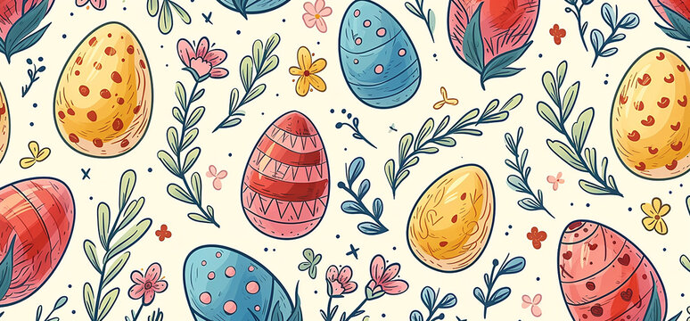 pattern pasquale con uova , coniglietti e fiori di Pasqua, ideale come carta da pacchi o carta da parati, sfondo per pasqua