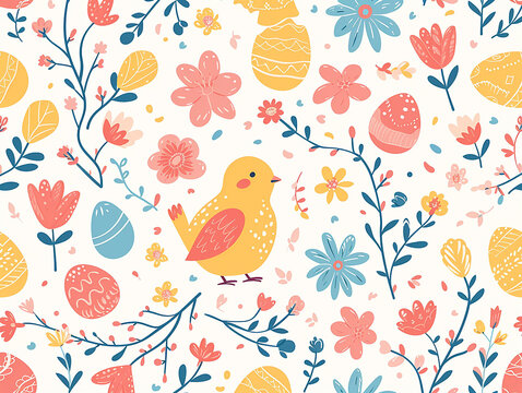 pattern pasquale con uova , coniglietti e fiori di Pasqua, ideale come carta da pacchi o carta da parati, sfondo per pasqua