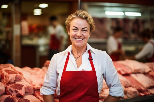 Portrait of a female middle aged butcher in meat shop