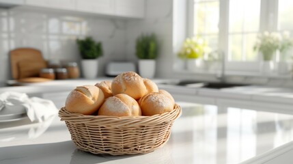 A Basket of Bread Rolls on a White Kitchen Counter
