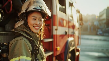 Portrait of happy asian girl wearing firefighter uniform with fire truck in background