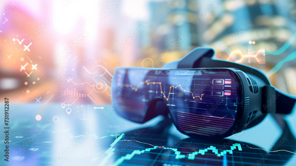 Poster virtual reality glasses lying on a desk, suggesting the use of vr in modern trading and market analy
