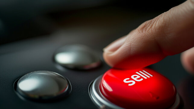 A gripping scene of a trader's hand hovering over a red "sell" button during a critical market downturn, trader concept, dynamic and dramatic compositions, with copy space